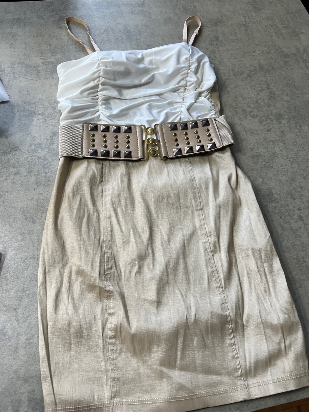 Chic Ruched White and Beige Studded-Waist Dress